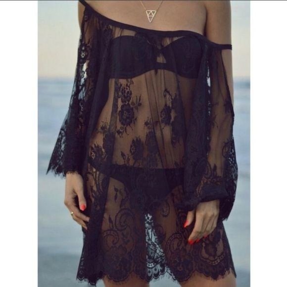 T&J Black Lace Cold Shoulder Swimsuit Coverup - Picture 5 of 5